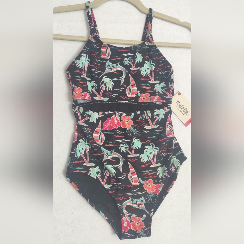 Salt Life Ocean Drift Youth One Piece‎ Swimsuit Size Y10 Color Black